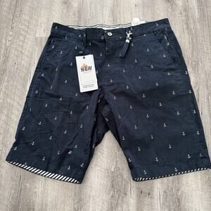 Cactus Man Stretch Shorts Mens 30 Navy Anchor Print Flat Front All Over NEW
